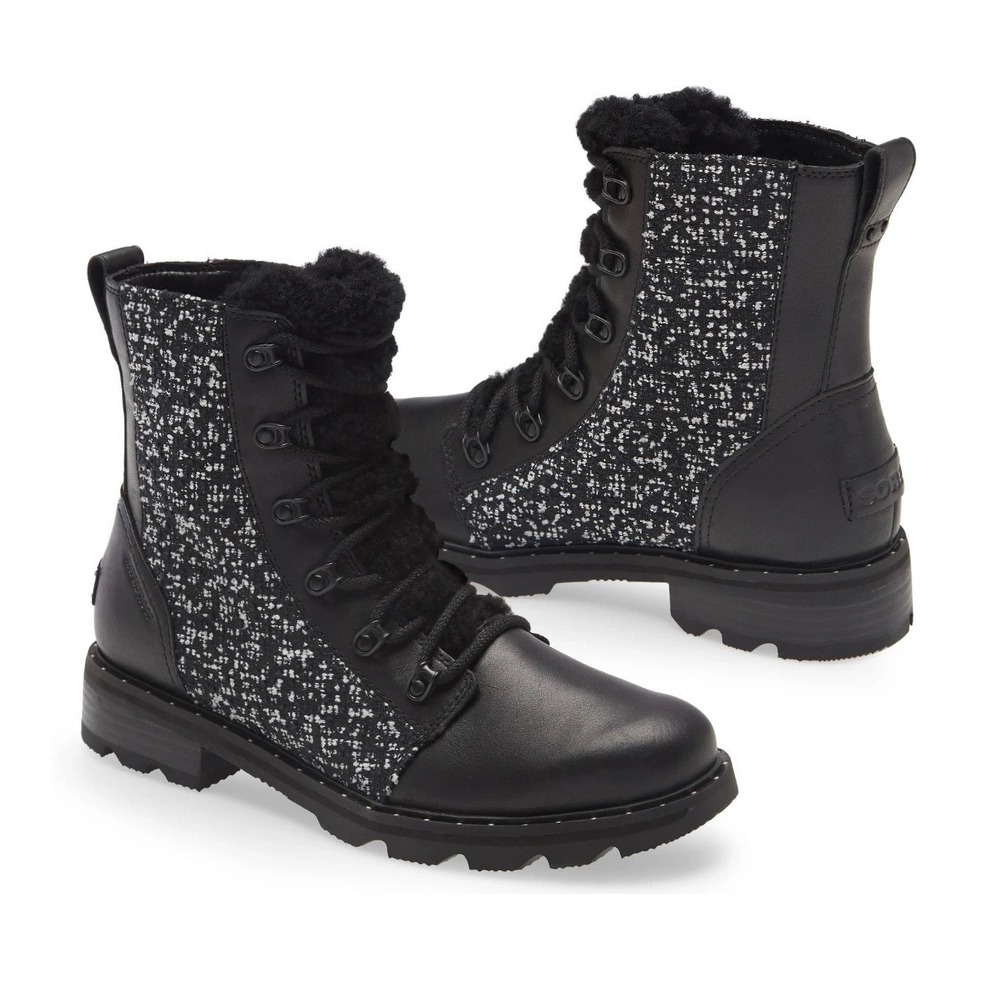 Sorel Lennox Lace Waterproof Leather Tweed Boots Black White NL4413-010 W Sz 7.5